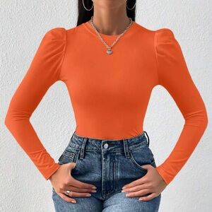 SHEIN Orange Puff-Sleeve Fitted Bodysuit